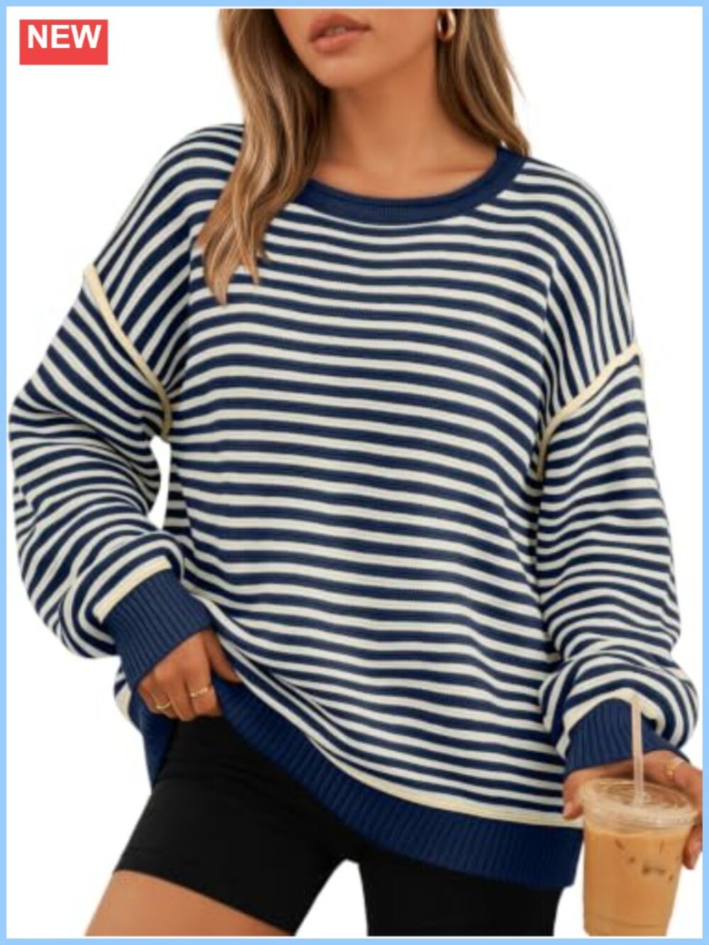Striped Oversized Drop Shoulder Sweater Cotton Blend Pullover